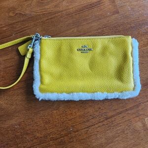 Coach Vibrant Yellow Wristlet with Fur Accent Trim